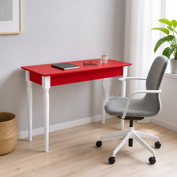MAMO Skrivebord 105x40 cm  Hvide Ben / Røde – varm moody dagslysscene