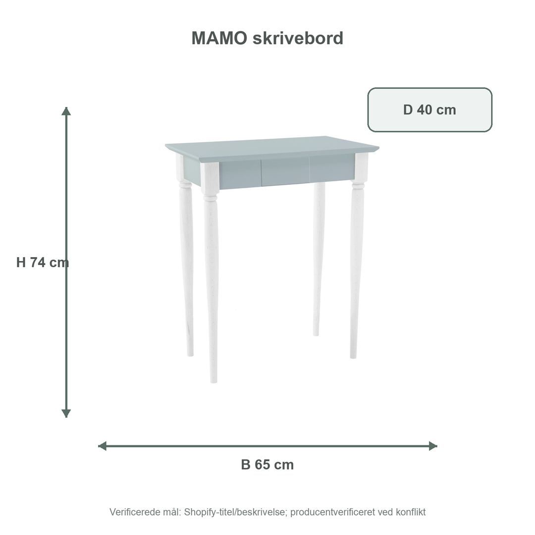 Måldiagram for MAMO Skrivebord 65x40 cm Hvide Ben / Lysegrå