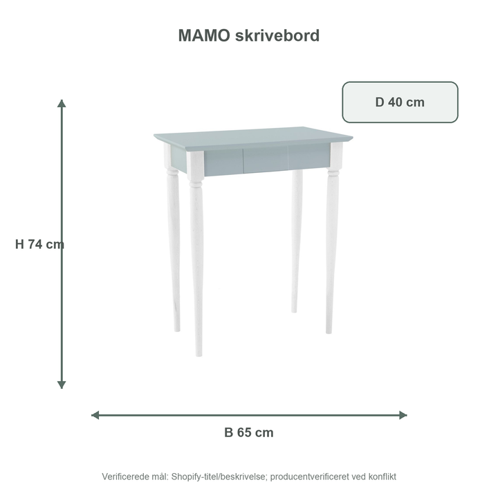Måldiagram for MAMO Skrivebord 65x40 cm Hvide Ben / Lysegrå