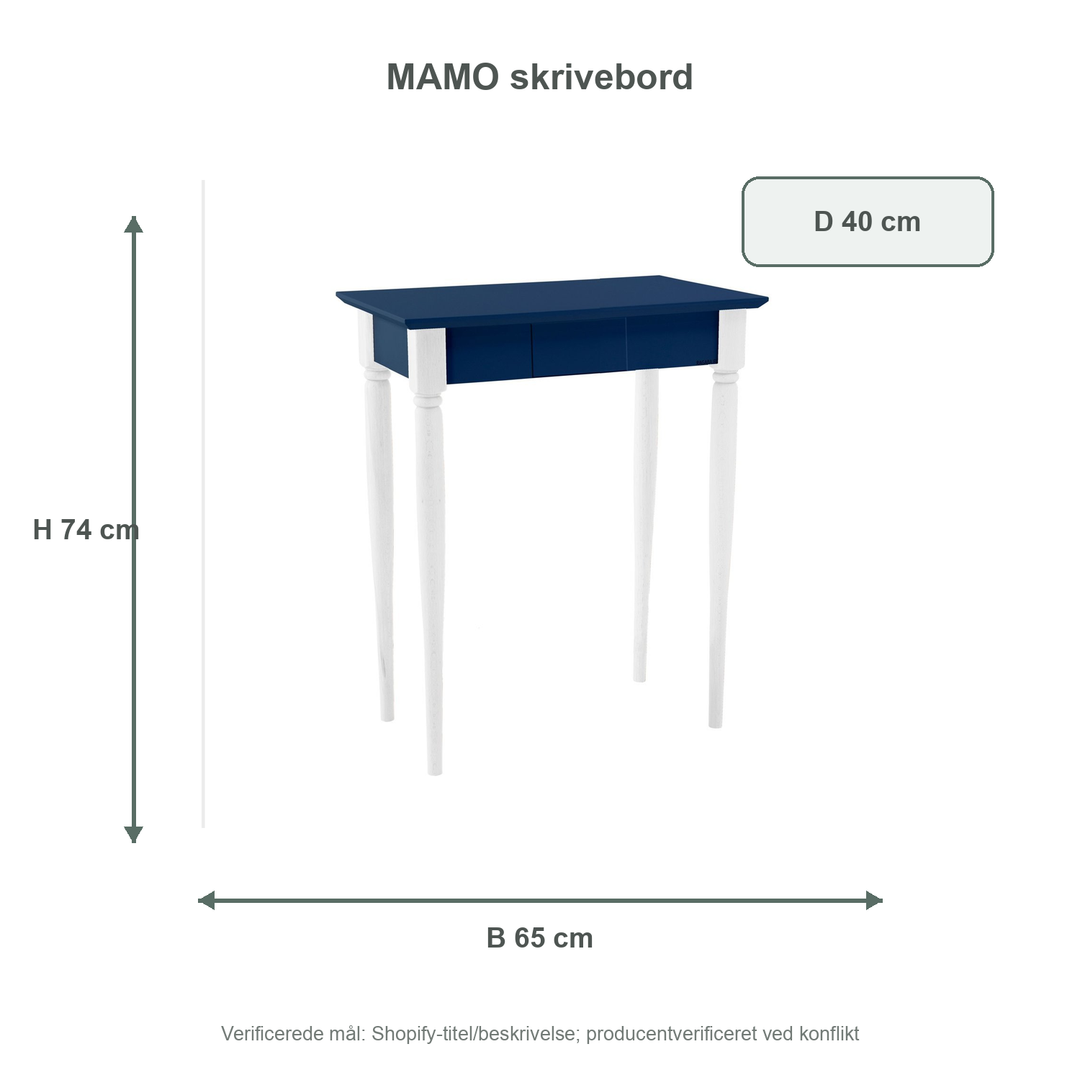 Måldiagram for MAMO Skrivebord 65x40 cm Hvide Ben / Marineblå