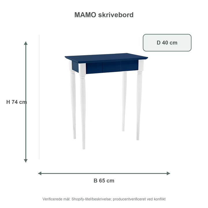 Måldiagram for MAMO Skrivebord 65x40 cm Hvide Ben / Marineblå