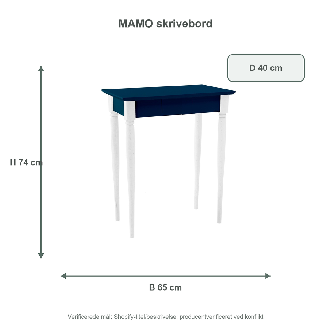 Måldiagram for MAMO Skrivebord 65x40 cm Hvide Ben / Petrol Blå
