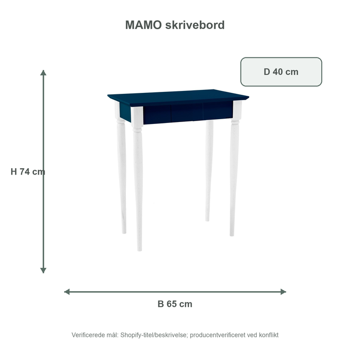Måldiagram for MAMO Skrivebord 65x40 cm Hvide Ben / Petrol Blå