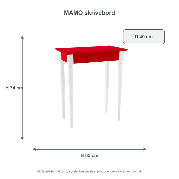 Måldiagram for MAMO Skrivebord 65x40 cm Hvide Ben / Røde