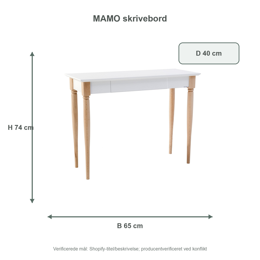 Måldiagram for MAMO Skrivebord 65x40cm - Hvid