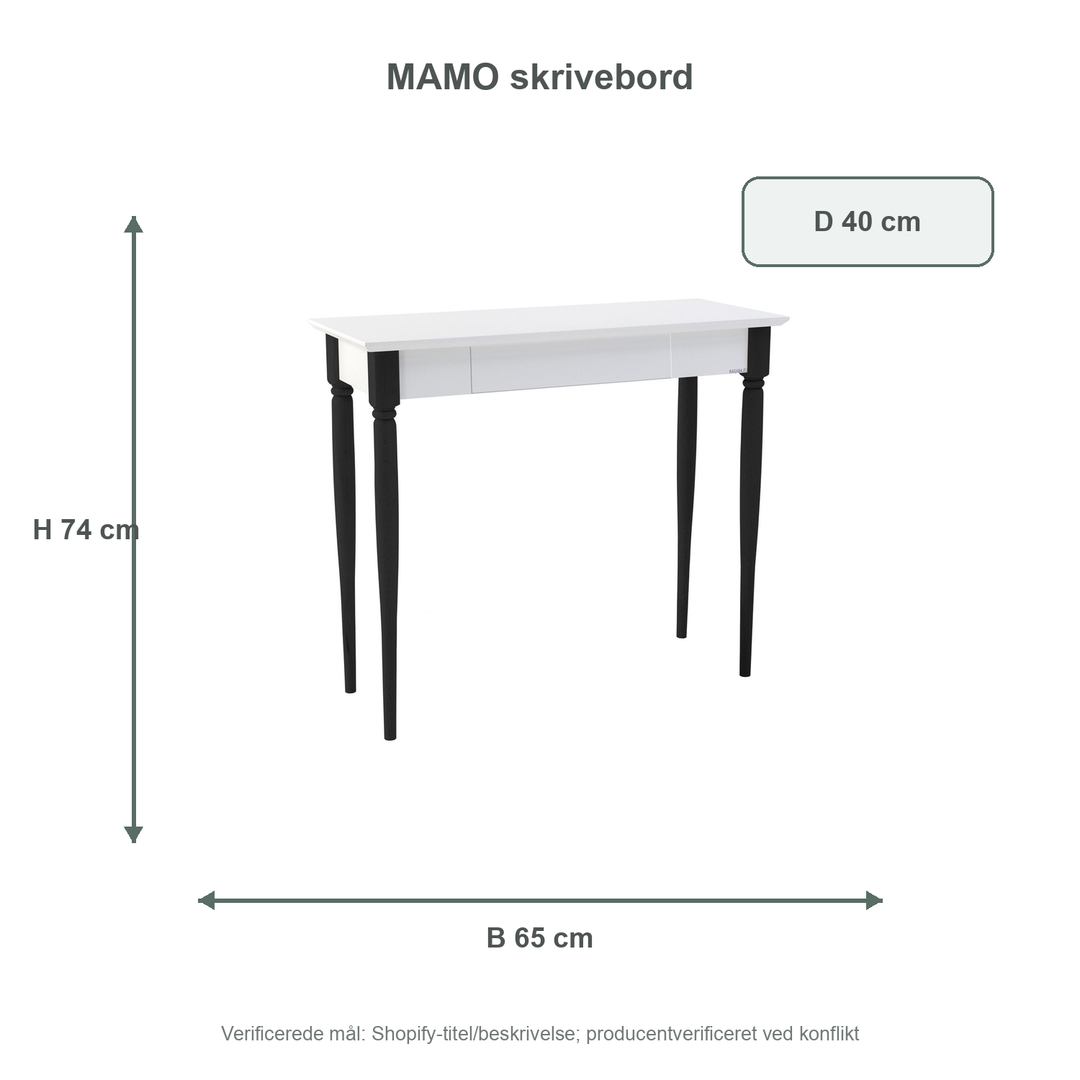 Måldiagram for MAMO Skrivebord 65x40cm - Hvide / Sorte Ben