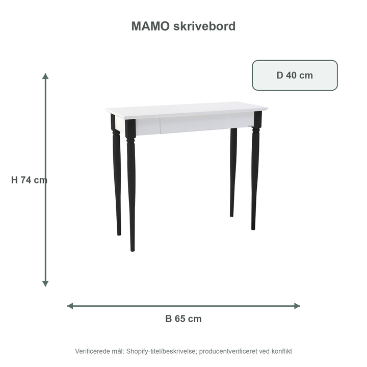 Måldiagram for MAMO Skrivebord 65x40cm - Hvide / Sorte Ben