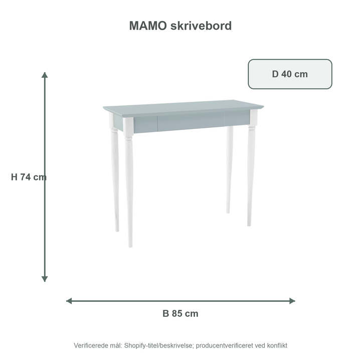 Måldiagram for MAMO Skrivebord 85x40 cm - Hvide Ben / Lysegrå