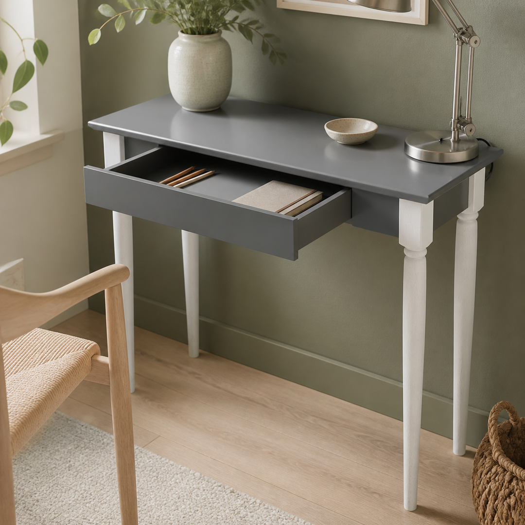 MAMO Skrivebord 85x40 cm - Hvide Ben / Mørkegrå – funktion eller vigtig anvendelse