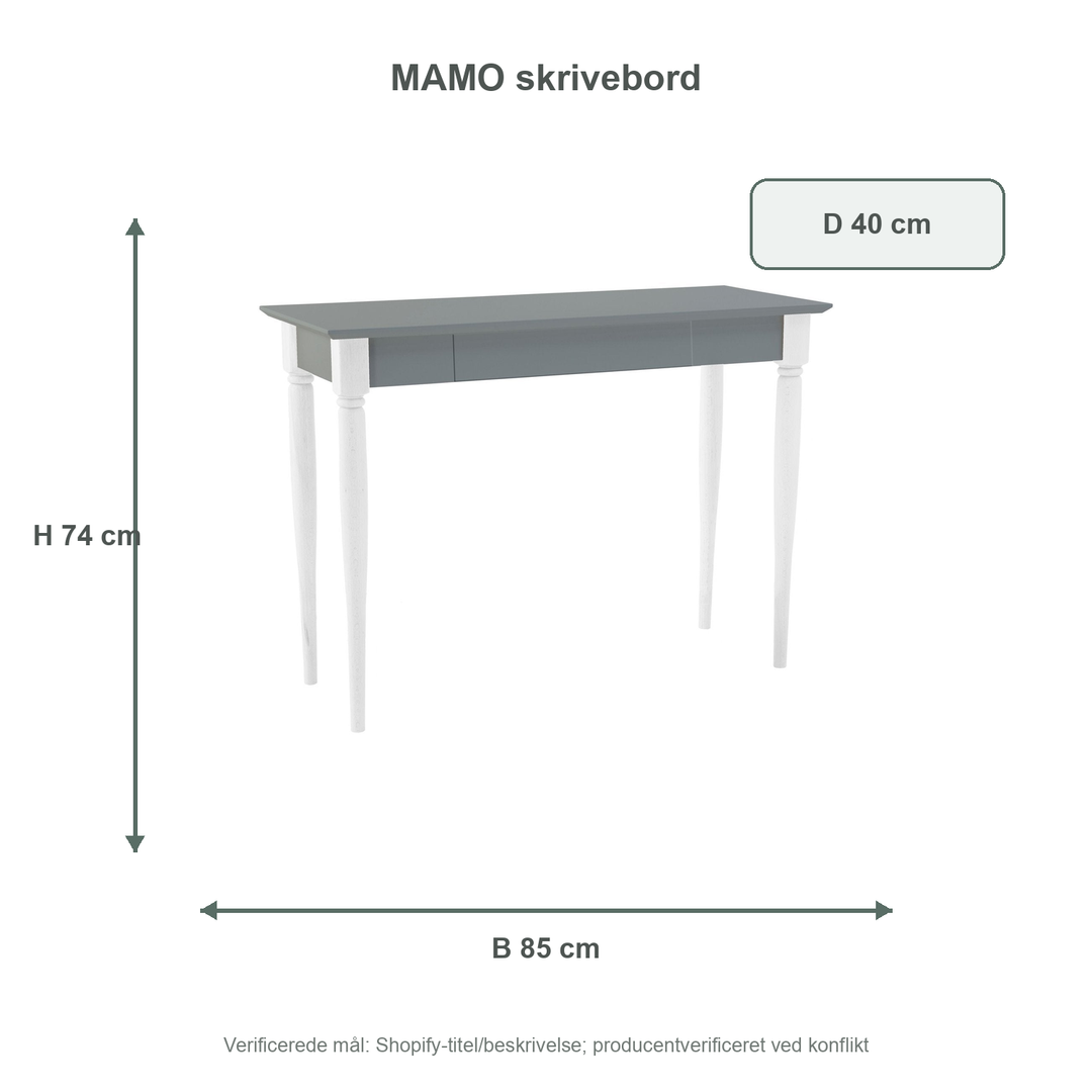 Måldiagram for MAMO Skrivebord 85x40 cm - Hvide Ben / Mørkegrå