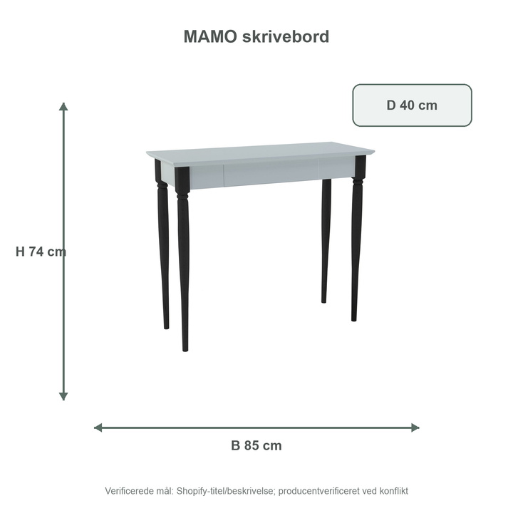 Måldiagram for MAMO Skrivebord 85x40 cm - Sorte Ben / Lysegrå