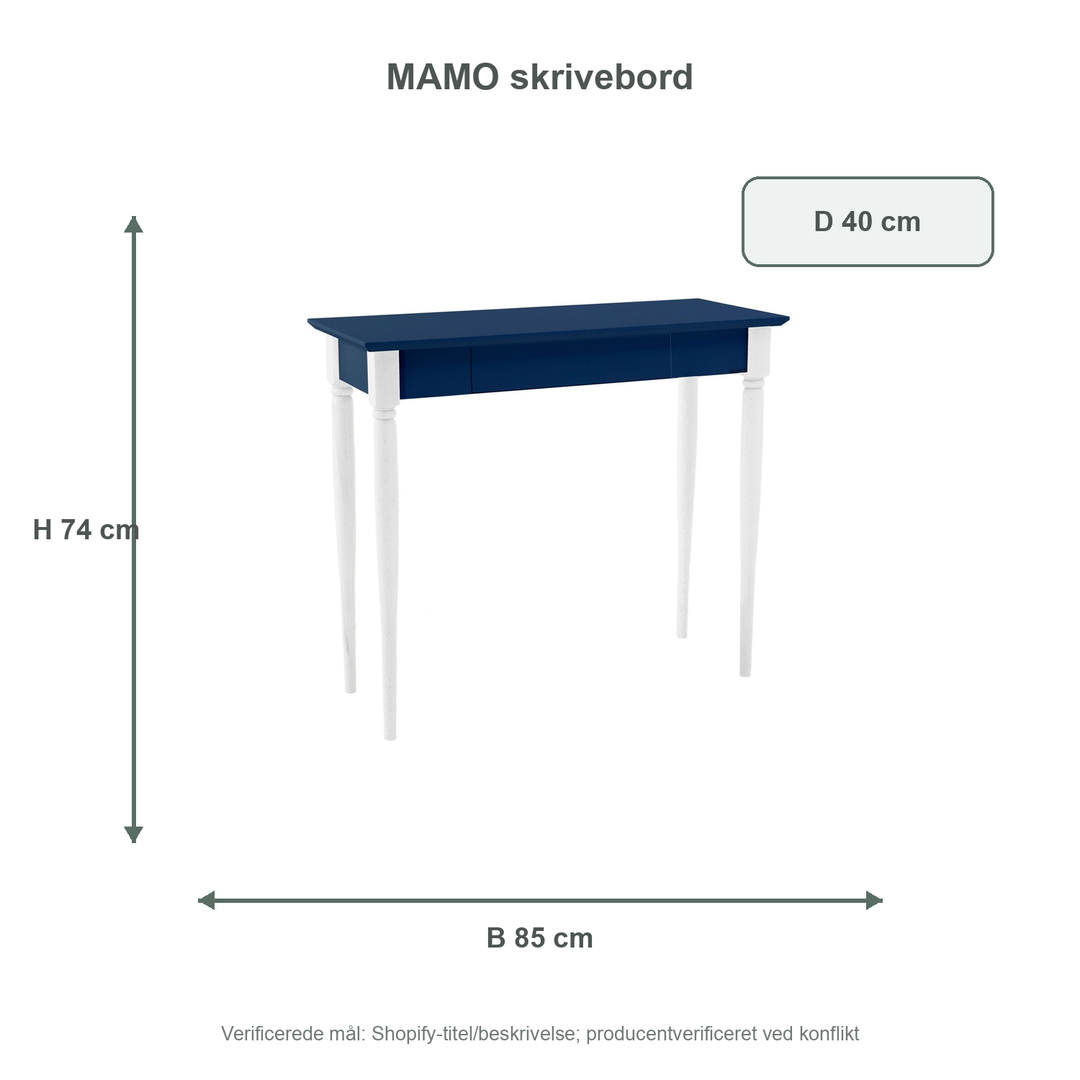 Måldiagram for MAMO Skrivebord 85x40 cm Hvide Ben / Marineblå