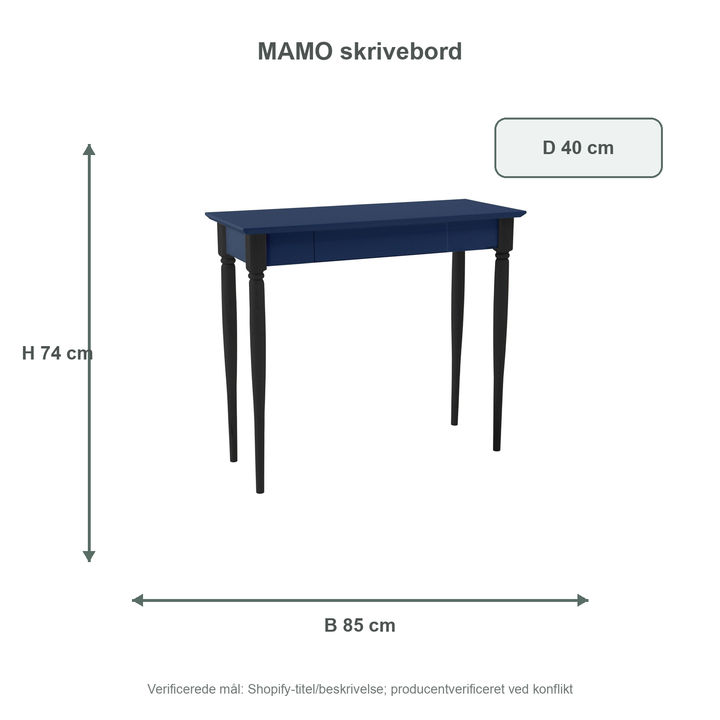 Måldiagram for MAMO Skrivebord 85x40cm - Marineblå / Sorte ben
