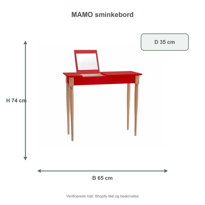 Måldiagram for MAMO Sminkebord med spejl - 65x35cm Rød