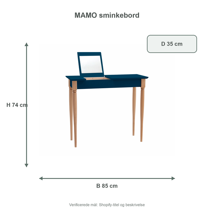 Måldiagram for MAMO Sminkebord med spejl - 85x35cm Petrol Blå