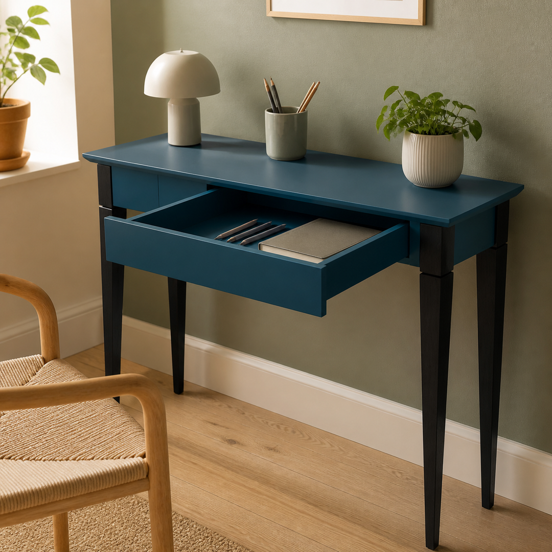 MIMO Skrivebord - 105x40cm Sorte Ben / Petrol Blå – funktion eller vigtig anvendelse