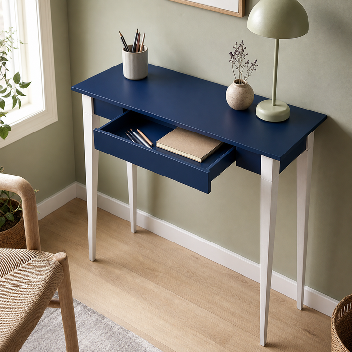 MIMO Skrivebord 85x40cm Hvide Ben / Marineblå Bordplade – funktion eller vigtig anvendelse