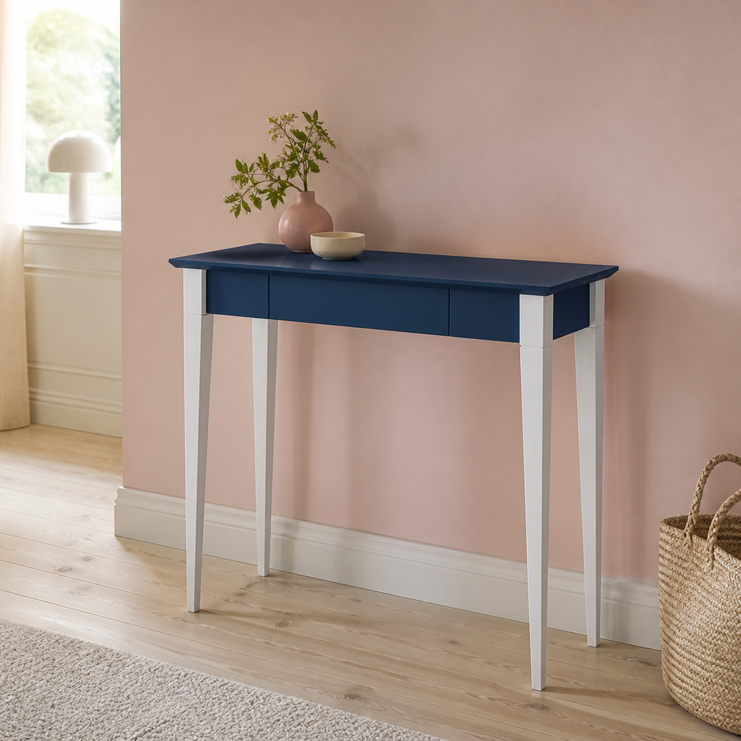 MIMO Skrivebord 85x40cm Hvide Ben / Marineblå Bordplade – ren lys hjemscene