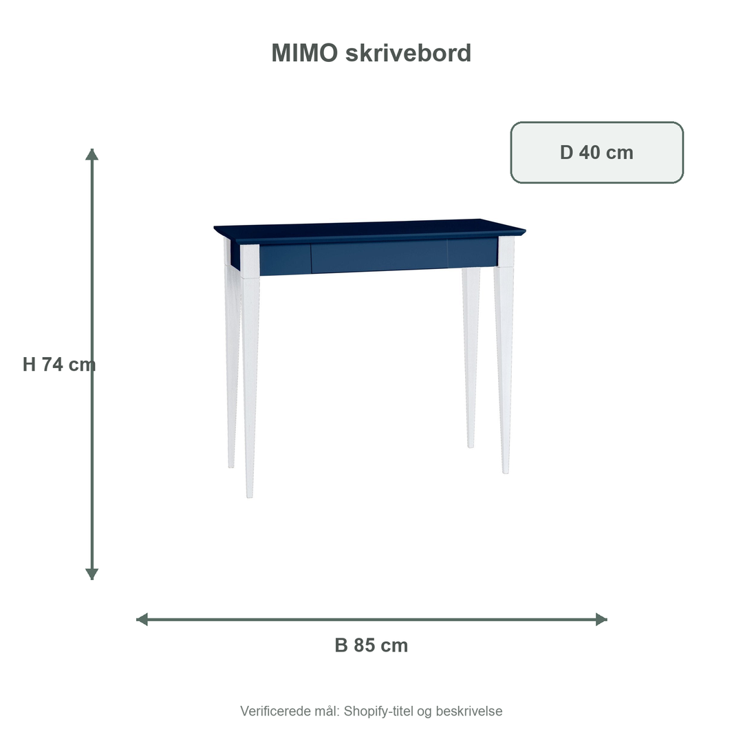 Måldiagram for MIMO Skrivebord 85x40cm Hvide Ben / Marineblå Bordplade