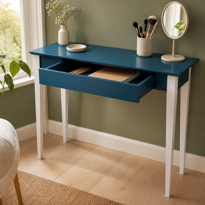MIMO Skrivebord 85x40cm Hvide Ben / Petrol Blå – funktion eller vigtig anvendelse