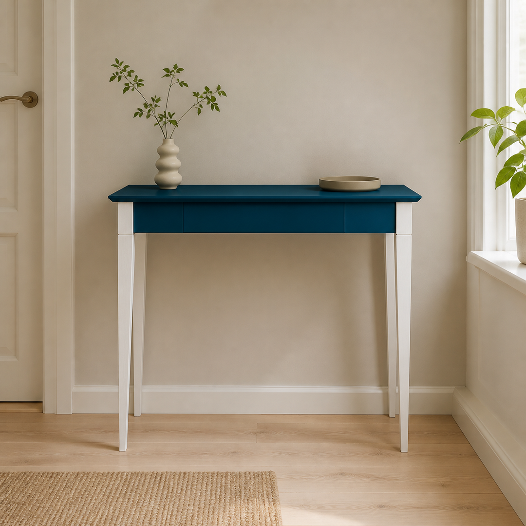 MIMO Skrivebord 85x40cm Hvide Ben / Petrol Blå – ren lys hjemscene