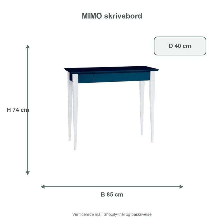 Måldiagram for MIMO Skrivebord 85x40cm Hvide Ben / Petrol Blå