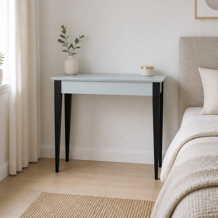 MIMO Sminkebord med spejl - 105x35 cm sorte ben / lysegrå – hele produktet lukket i hjemmet
