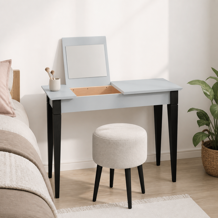 MIMO Sminkebord med spejl - 105x35 cm sorte ben / lysegrå – materiale- eller konstruktionsdetalje