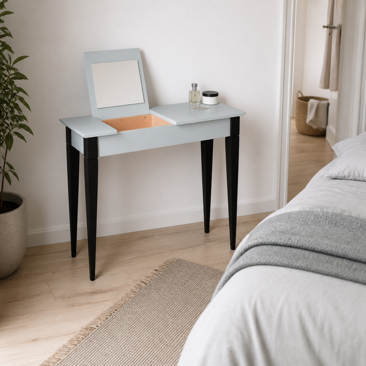 MIMO Sminkebord med spejl - 105x35 cm sorte ben / lysegrå – anden naturlig anvendelse eller vinkel