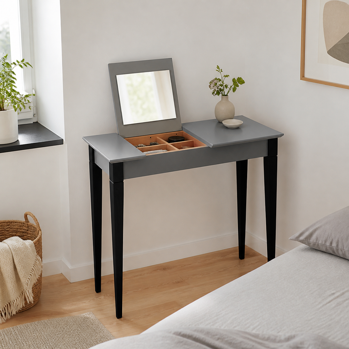 MIMO Sminkebord med spejl - 105x35 cm sorte ben / mørkegrå – vigtigste funktion