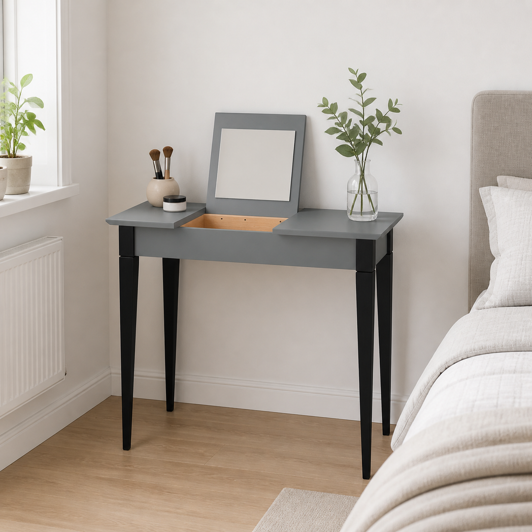 MIMO Sminkebord med spejl - 105x35 cm sorte ben / mørkegrå – supplerende neutral dagslysscene
