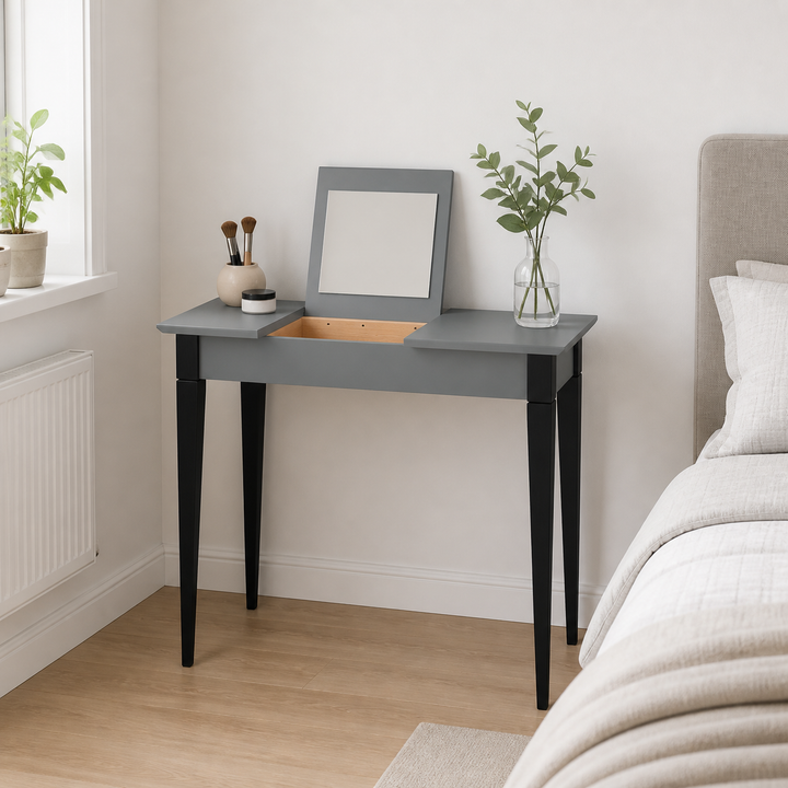 MIMO Sminkebord med spejl - 105x35 cm sorte ben / mørkegrå – supplerende neutral dagslysscene