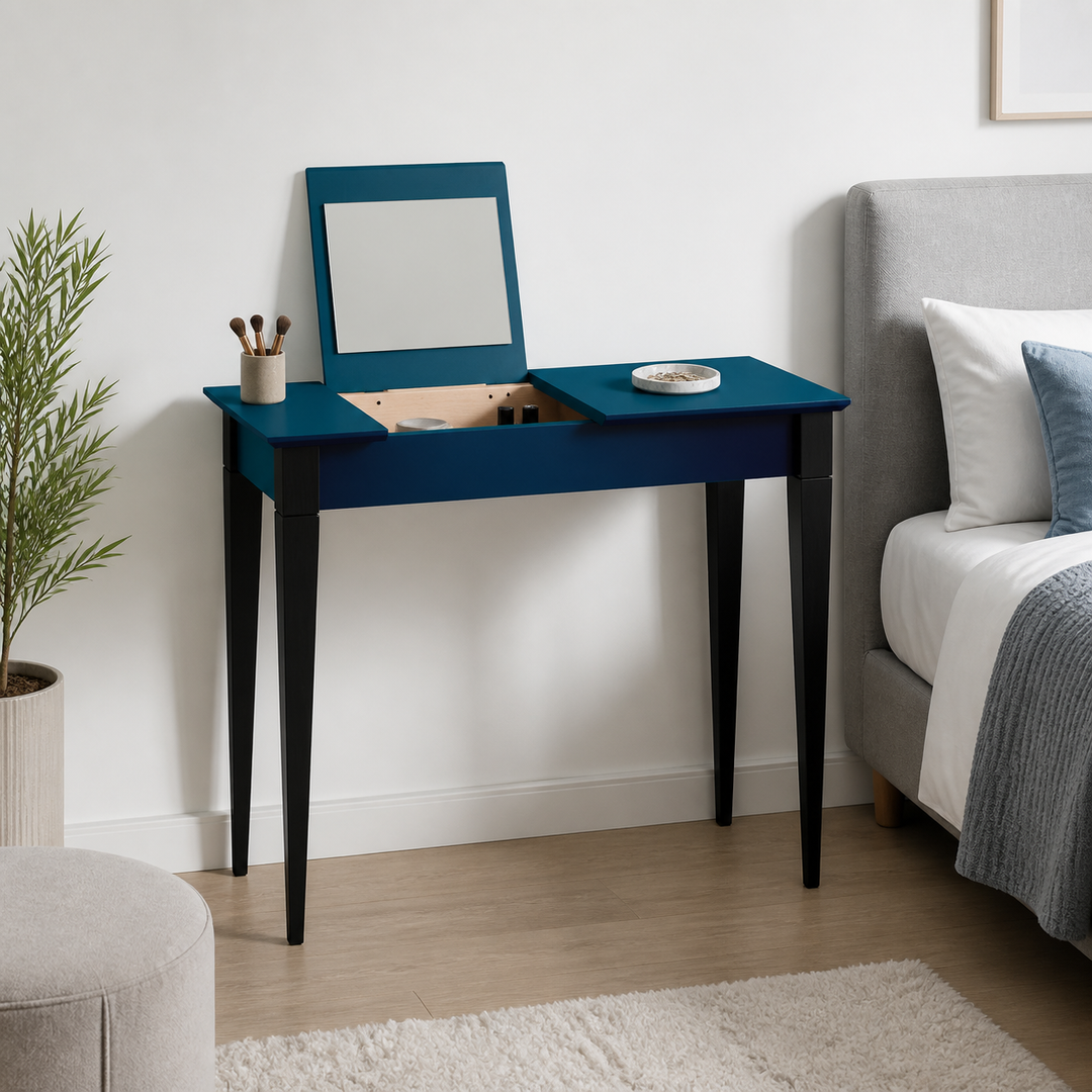 MIMO Sminkebord med spejl - 105x35 cm sorte ben / Petrol Blå – hero i naturlig brug
