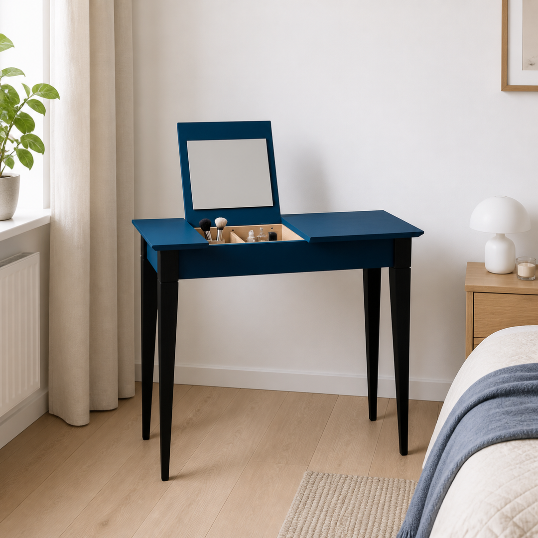 MIMO Sminkebord med spejl - 105x35 cm sorte ben / Petrol Blå – vigtigste funktion