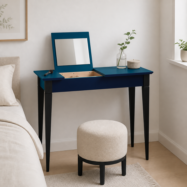 MIMO Sminkebord med spejl - 105x35 cm sorte ben / Petrol Blå – materiale- eller konstruktionsdetalje