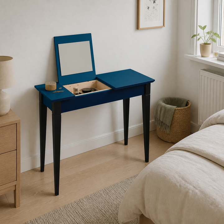 MIMO Sminkebord med spejl - 105x35 cm sorte ben / Petrol Blå – anden naturlig anvendelse eller vinkel