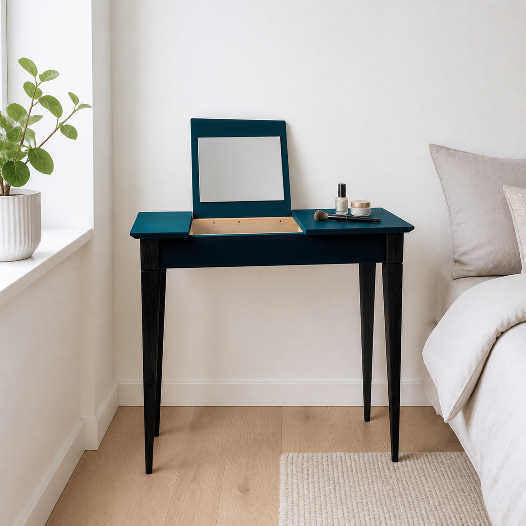 MIMO Sminkebord med spejl - 105x35 cm sorte ben / Petrol Blå – supplerende neutral dagslysscene