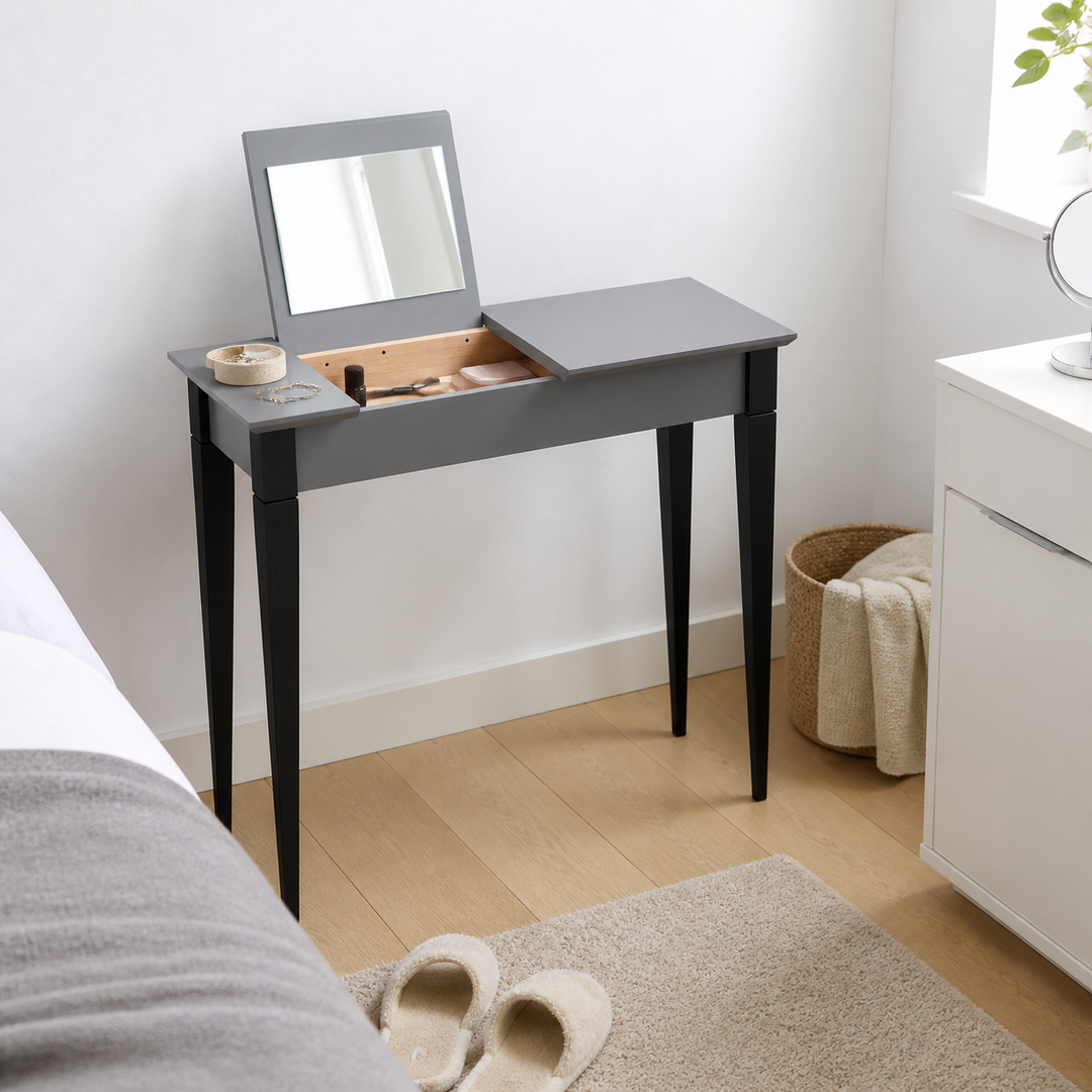 MIMO Sminkebord med spejl - 65x35 cm sorte ben / mørkegrå – vigtigste funktion