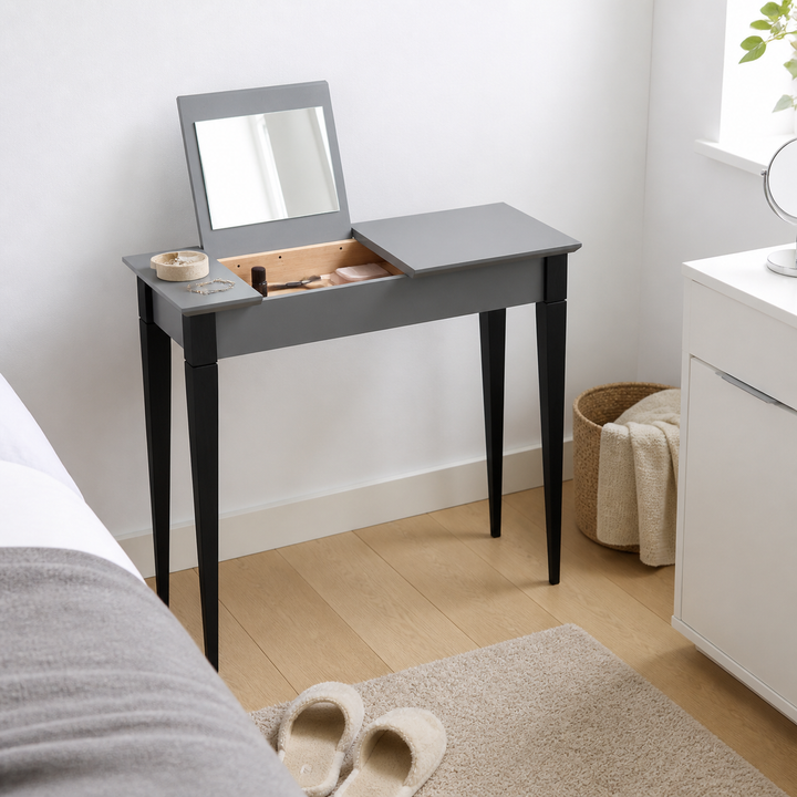 MIMO Sminkebord med spejl - 65x35 cm sorte ben / mørkegrå – vigtigste funktion