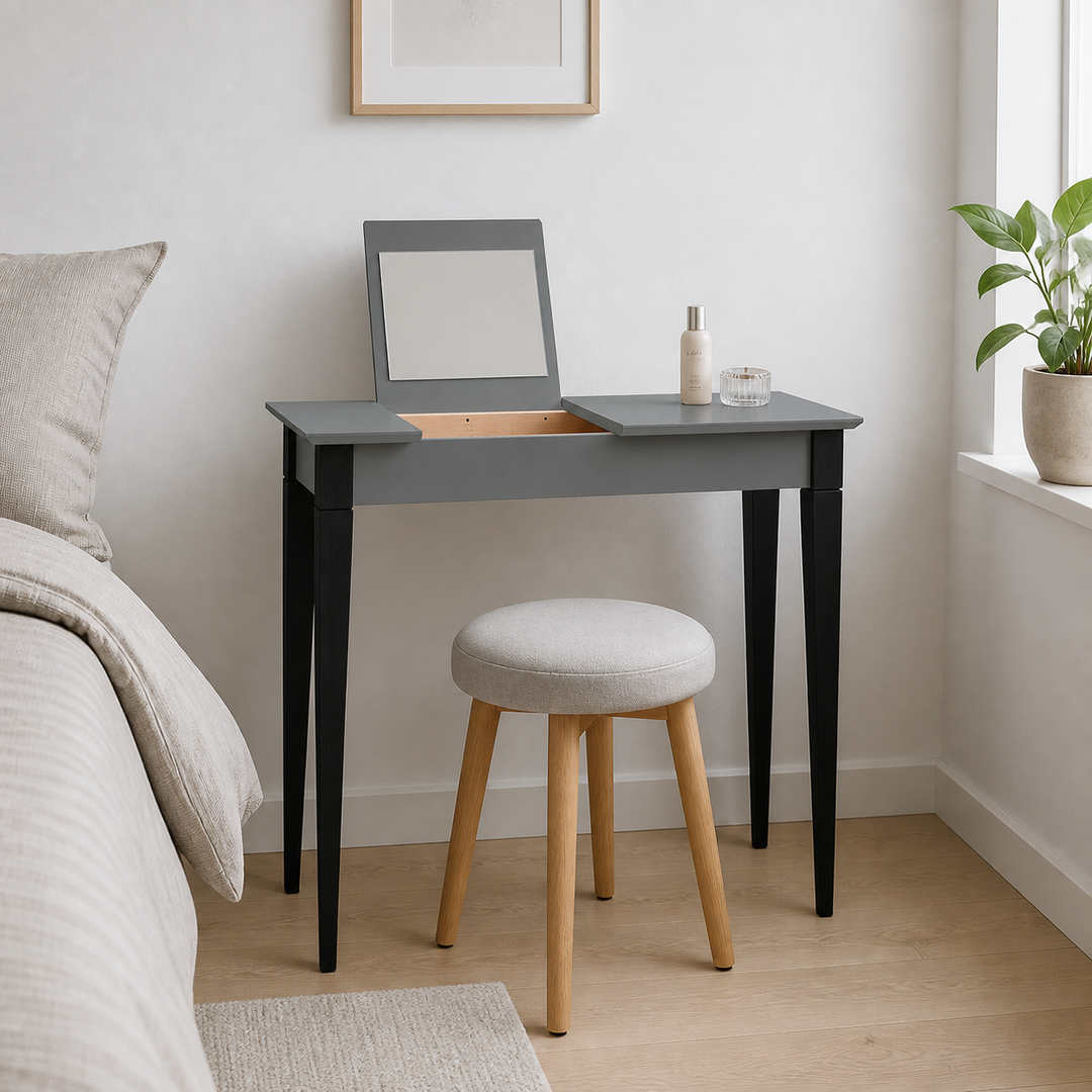 MIMO Sminkebord med spejl - 65x35 cm sorte ben / mørkegrå – supplerende neutral dagslysscene