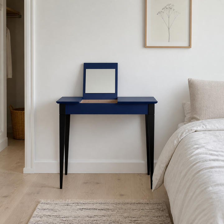 MIMO Sminkebord med spejl - 85x35 cm sorte ben / marineblå – hele produktet lukket i hjemmet