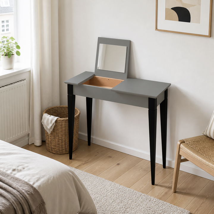 MIMO Sminkebord med spejl - 85x35 cm sorte ben / mørkegrå – vigtigste funktion