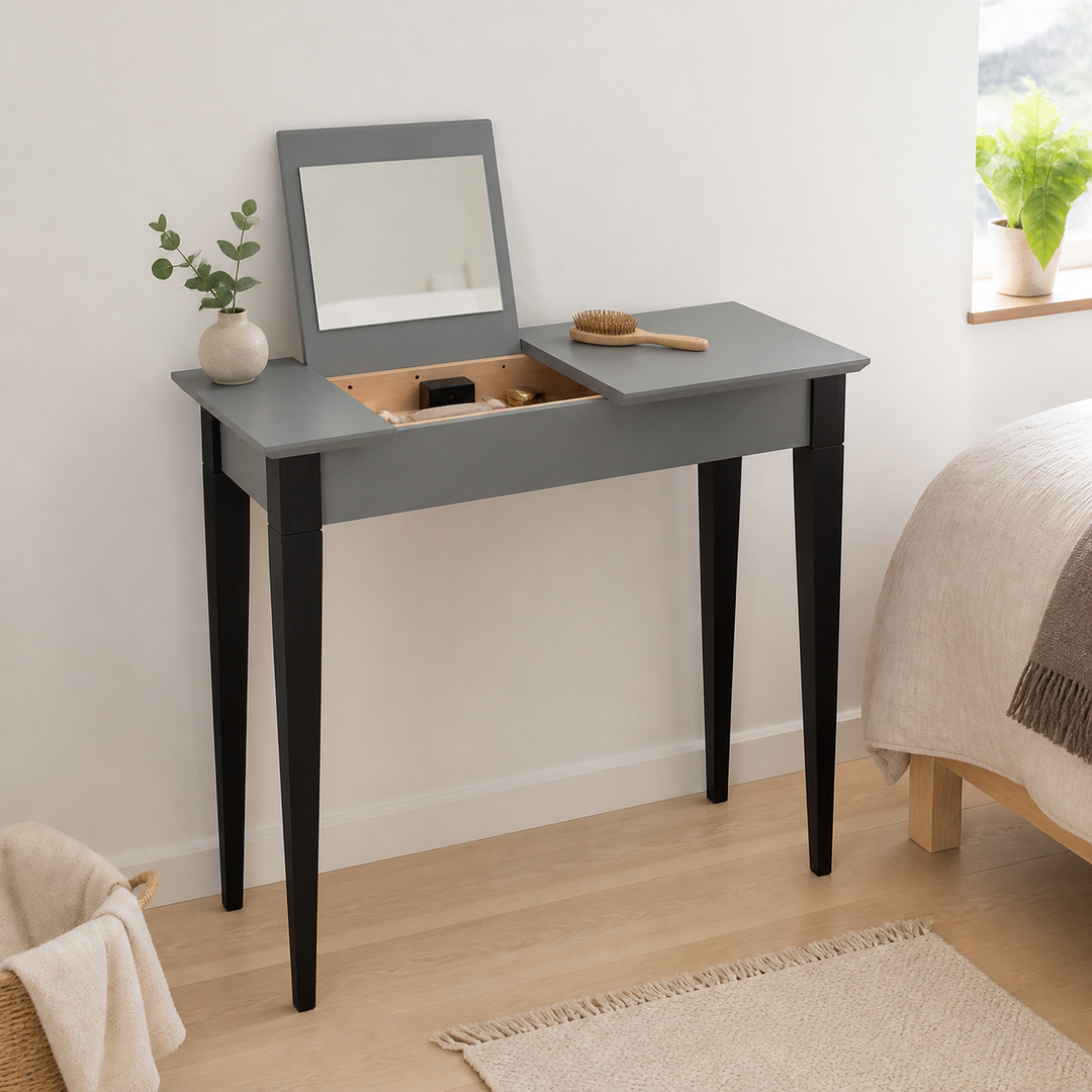 MIMO Sminkebord med spejl - 85x35 cm sorte ben / mørkegrå – anden naturlig anvendelse eller vinkel