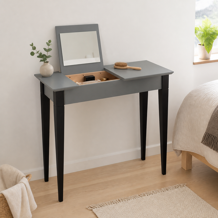 MIMO Sminkebord med spejl - 85x35 cm sorte ben / mørkegrå – anden naturlig anvendelse eller vinkel