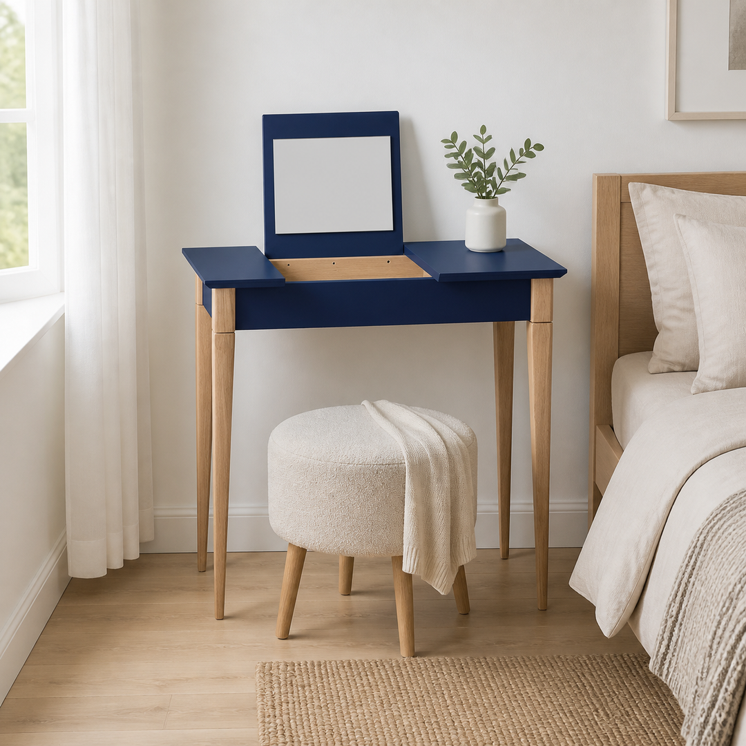 MIMO Sminkebord med spejl - 85x35cm Marineblå – supplerende neutral dagslysscene
