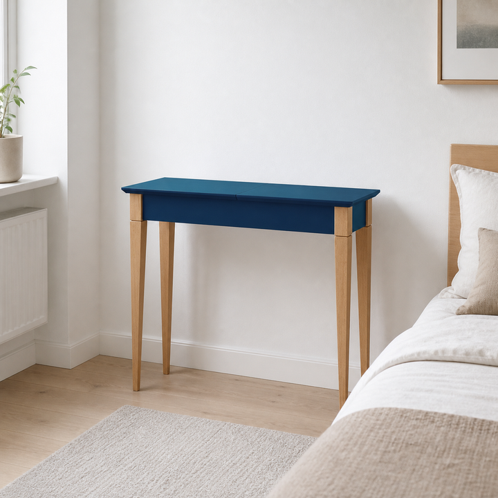 MIMO Sminkebord med spejl - 85x35cm Petrolblå – hele produktet lukket i hjemmet