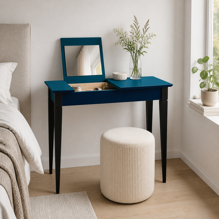 MIMO Sminkebord med spejl 65x35cm sorte ben /petrolblå – vigtigste funktion