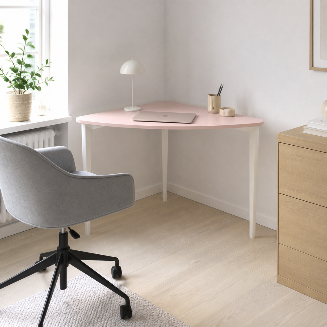 NAJA Hjørneskrivebord B114 x L85 x H75cm Hvide Ben Pink – hero i naturlig brug