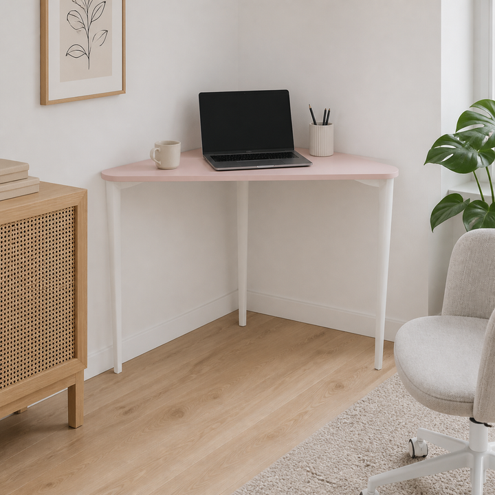 NAJA Hjørneskrivebord B114 x L85 x H75cm Hvide Ben Pink – vigtigste funktion