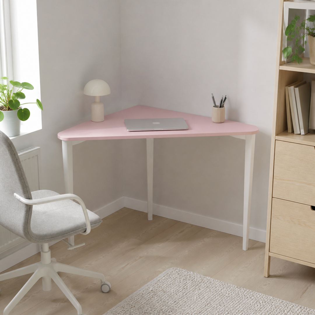 NAJA Hjørneskrivebord B114 x L85 x H75cm Hvide Ben Pink – anden naturlig anvendelse eller vinkel
